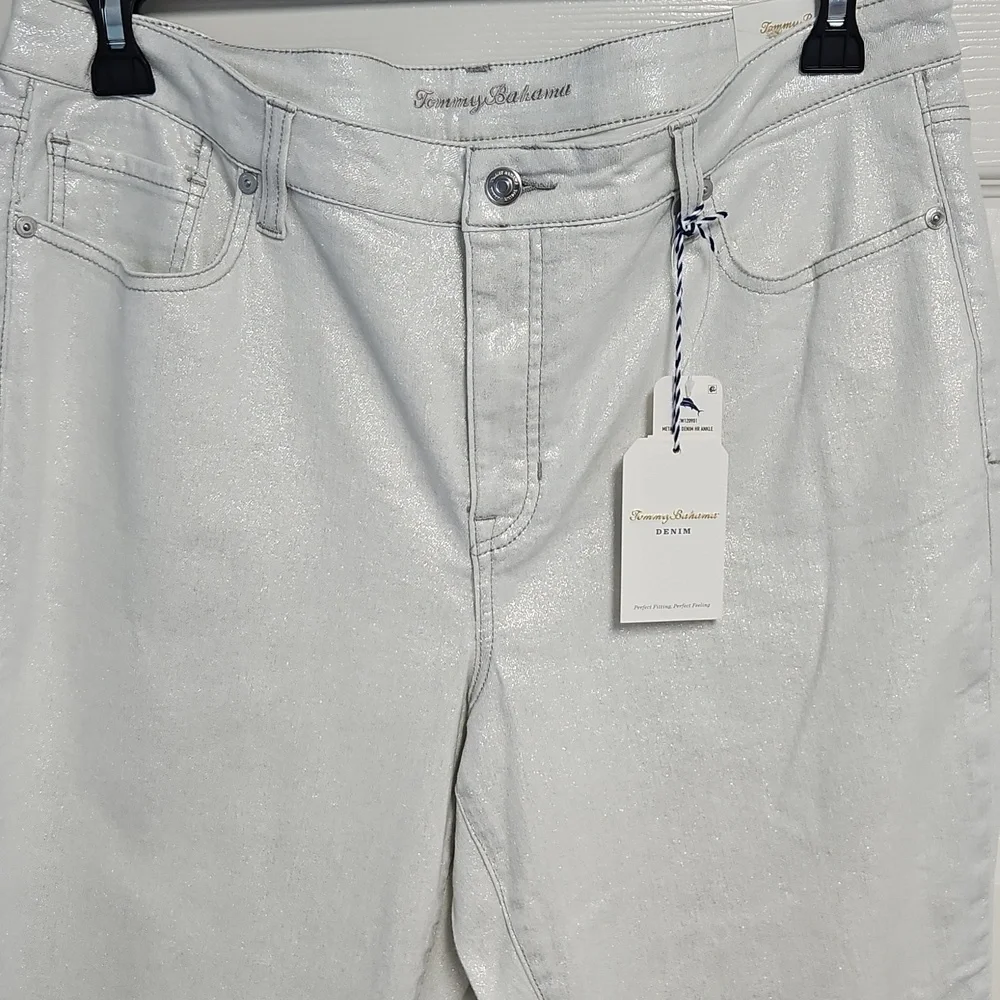 Tommy Bahama Metallic High Rise Ankle Denim: Metallic White/Silver: Size- 16 - Picture 1 of 16